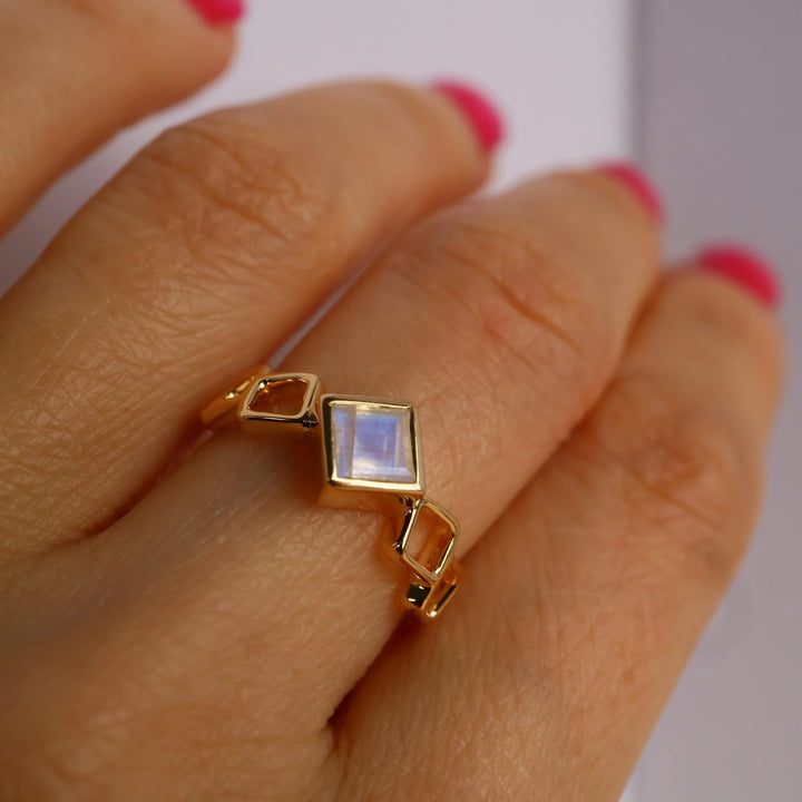 Square rainbow Moonstone Gold Vermeil over silver stacking Ring 