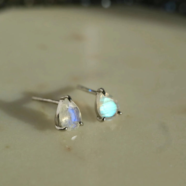 rainbow moonstone pear cut sterling silver stud earrings for bride every day wear