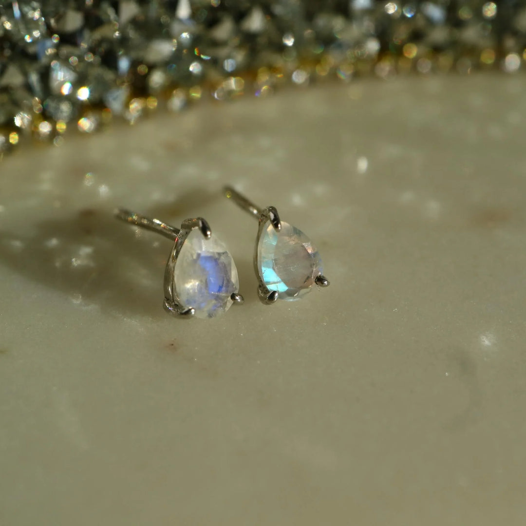 rainbow moonstone pear cut sterling silver stud earrings for bride every day wear