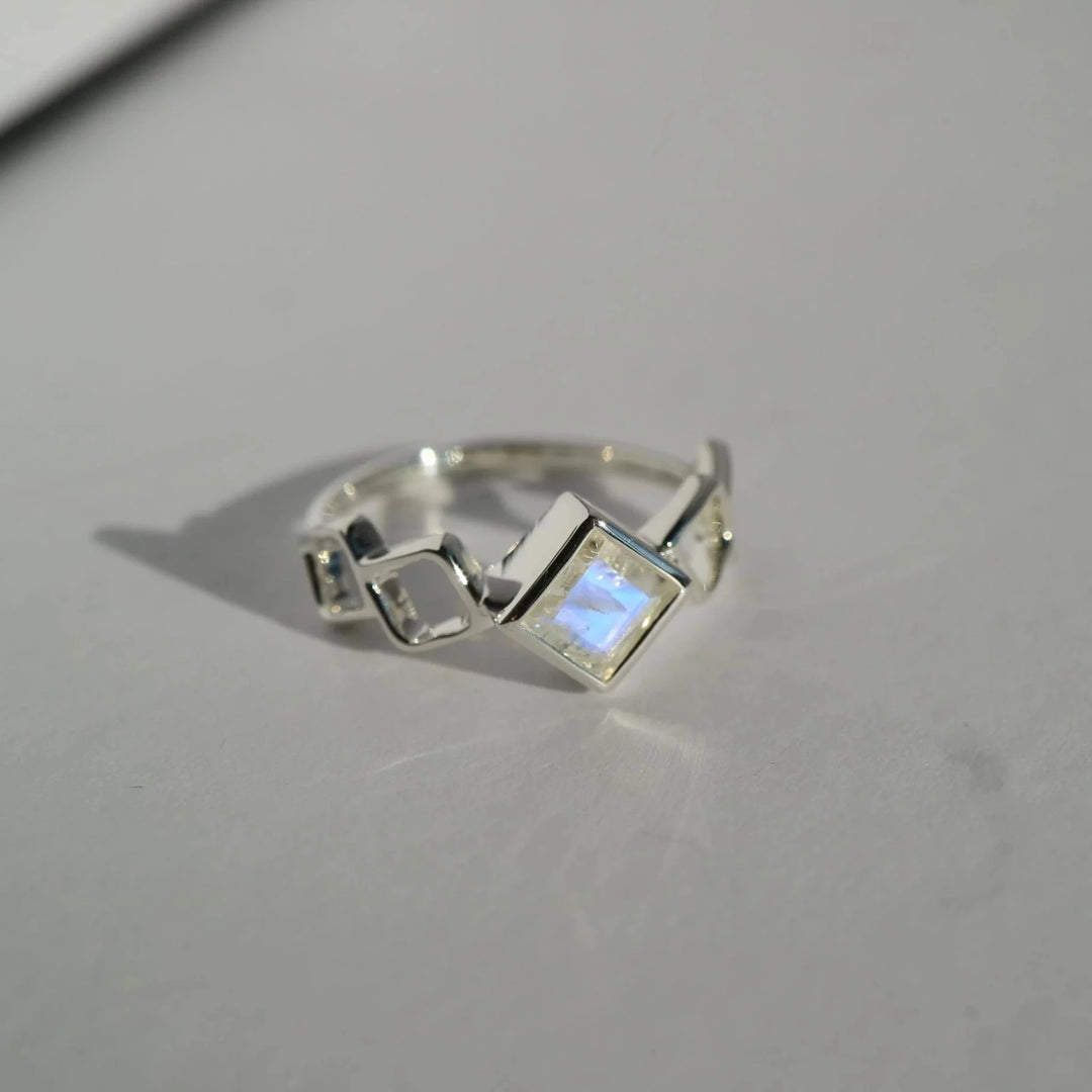 Square rainbow Moonstone  silver stacking Ring 