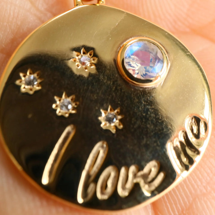 Self Reminder " I love me" Moonstone Gold Disc affirmation Necklace
