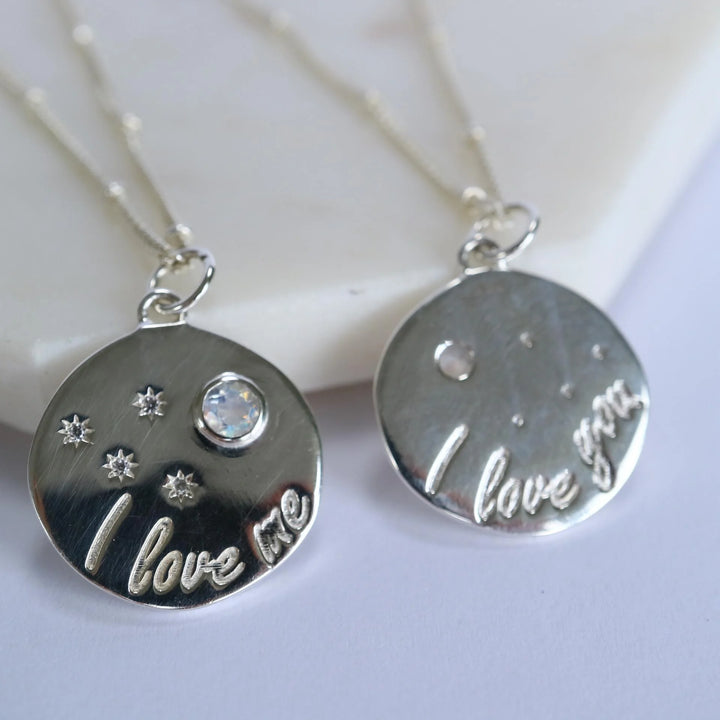 Self Reminder " I love me I love you" Moonstone Silver Necklace