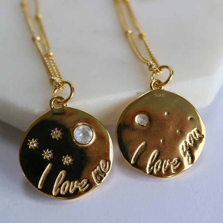 Self Reminder " I love me" Moonstone Gold Disc affirmation Necklace