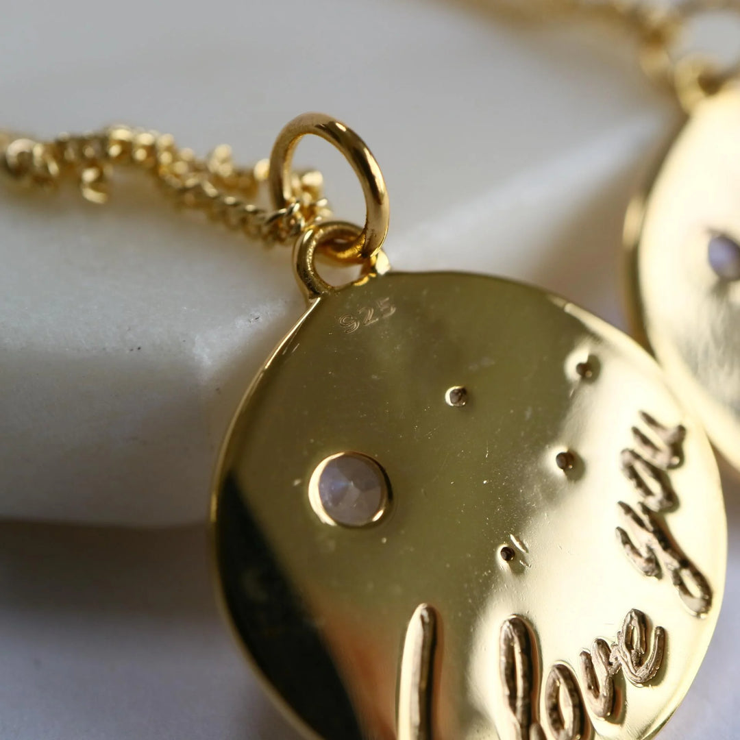 Self Reminder " I love me" Moonstone Gold Disc affirmation Necklace