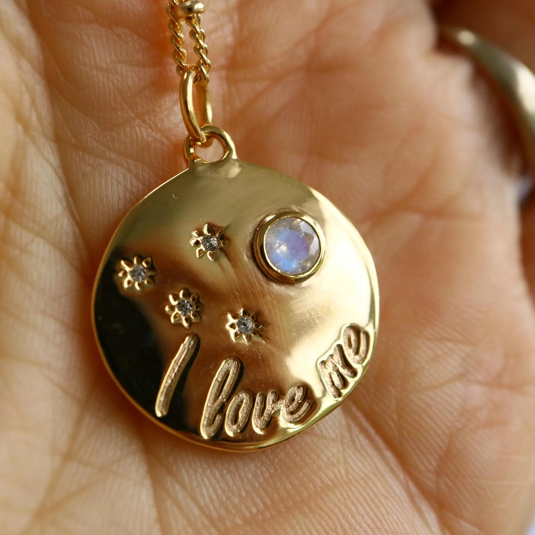 Self Reminder " I love me" Moonstone Gold Disc affirmation Necklace