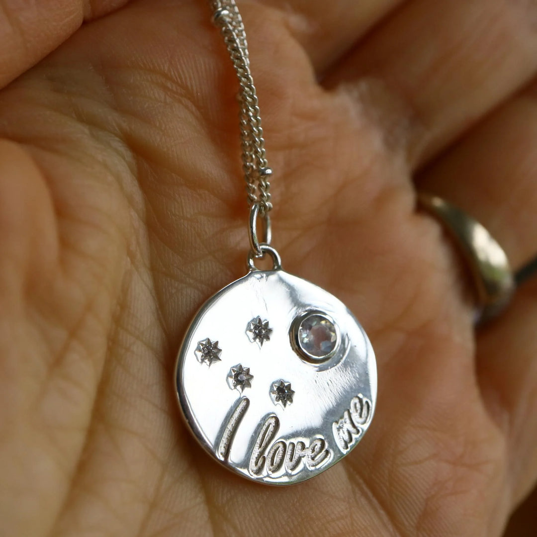 Self Reminder " I love me I love you" Moonstone Silver Necklace