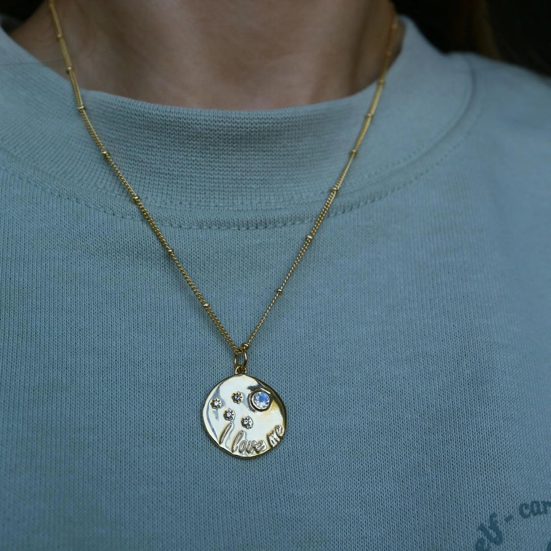 Self Reminder " I love me" Moonstone Gold Disc affirmation Necklace