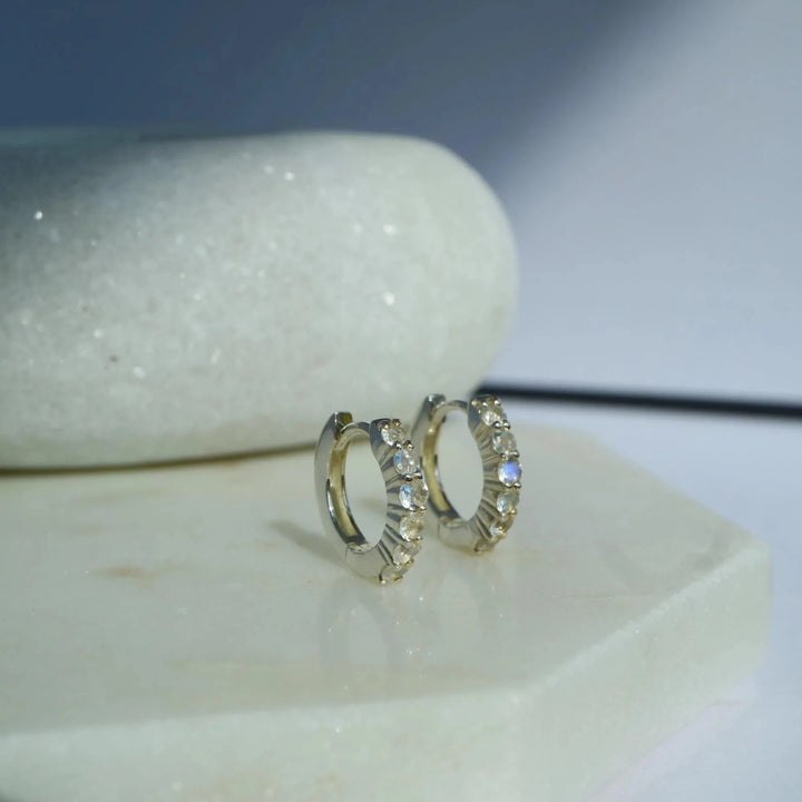 Rainbow moonstone dainty silver huggie hoop earrings