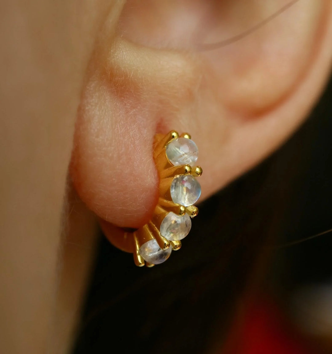  Rainbow Cabochon Moonstone Gold Huggie Earrings 