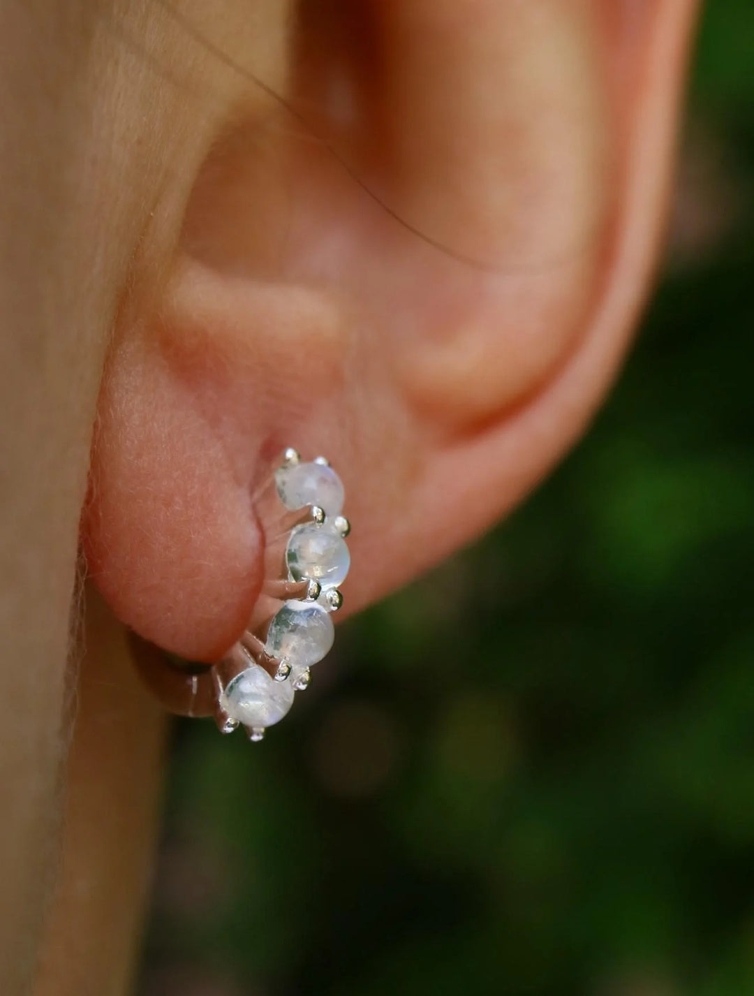 rainbow cabochon moonstone silver huggie hoop earrings 