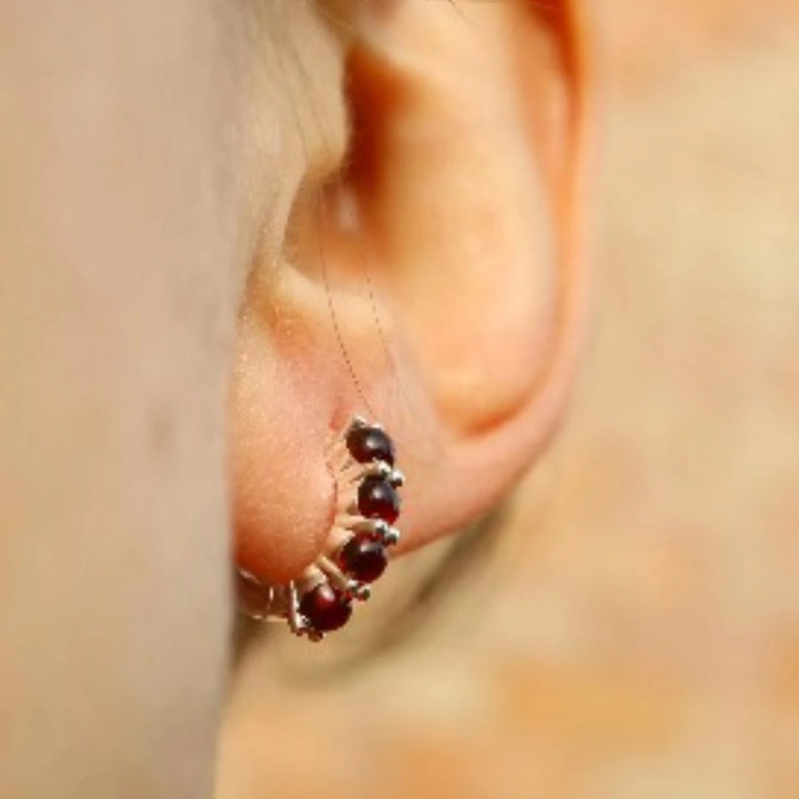 Natural Mozambique Garnet Silver Huggie Hoop Earrings 