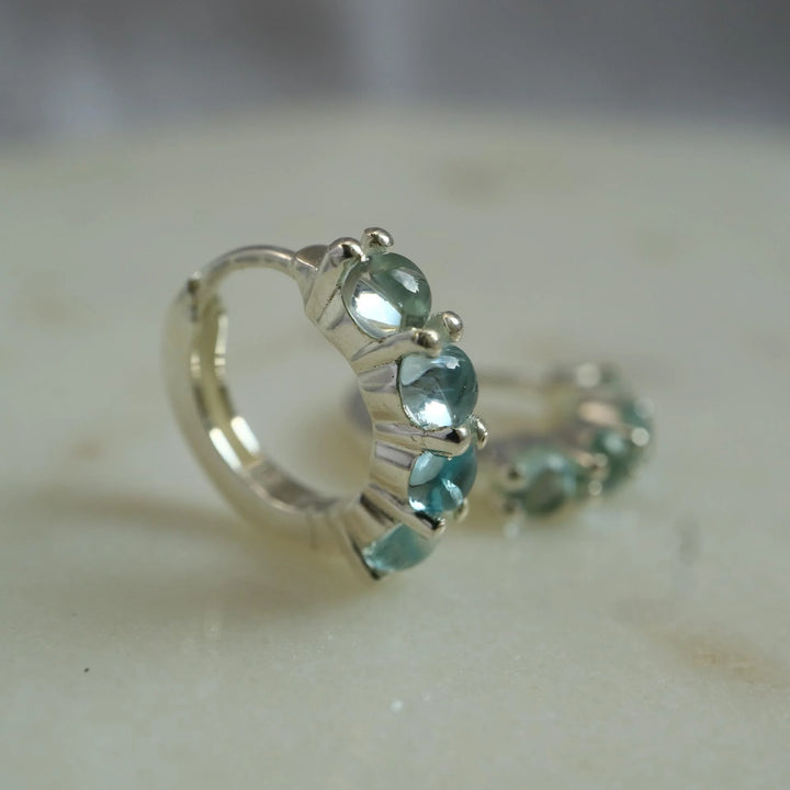 natural aquamarine silver huggie hoop earrings