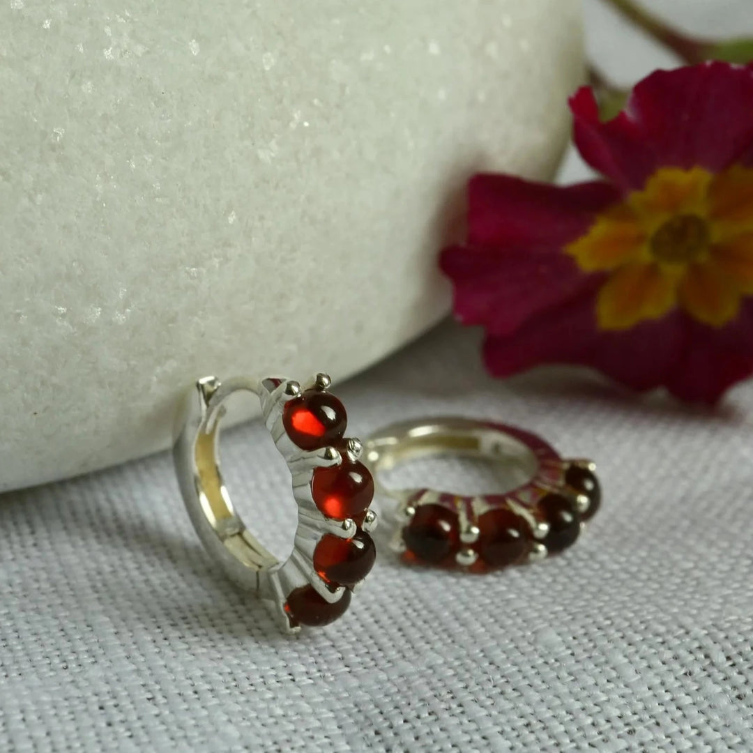 Natural Mozambique Garnet Silver Huggie Hoop Earrings 