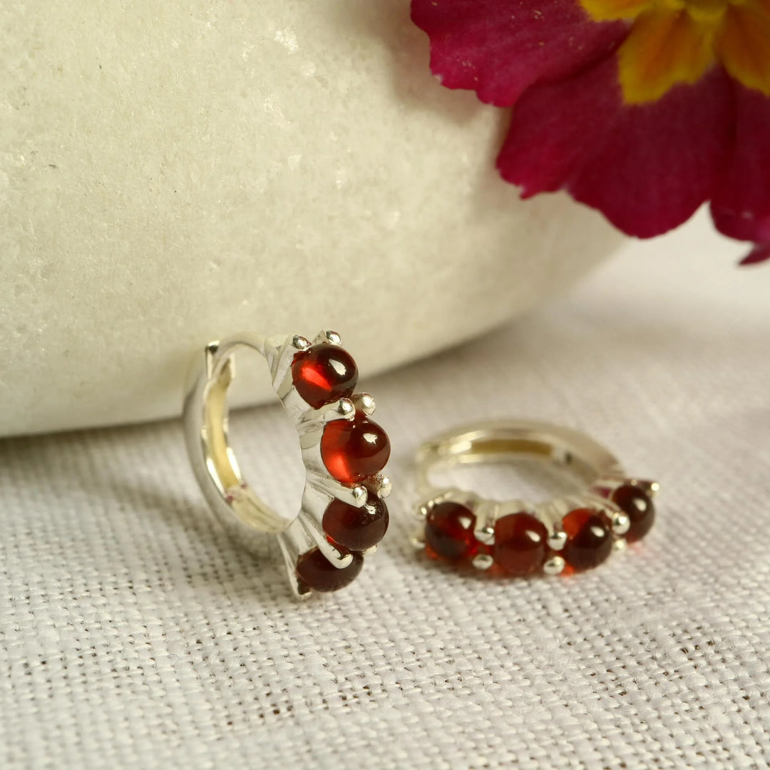 Natural Mozambique Garnet Silver Huggie Hoop Earrings 