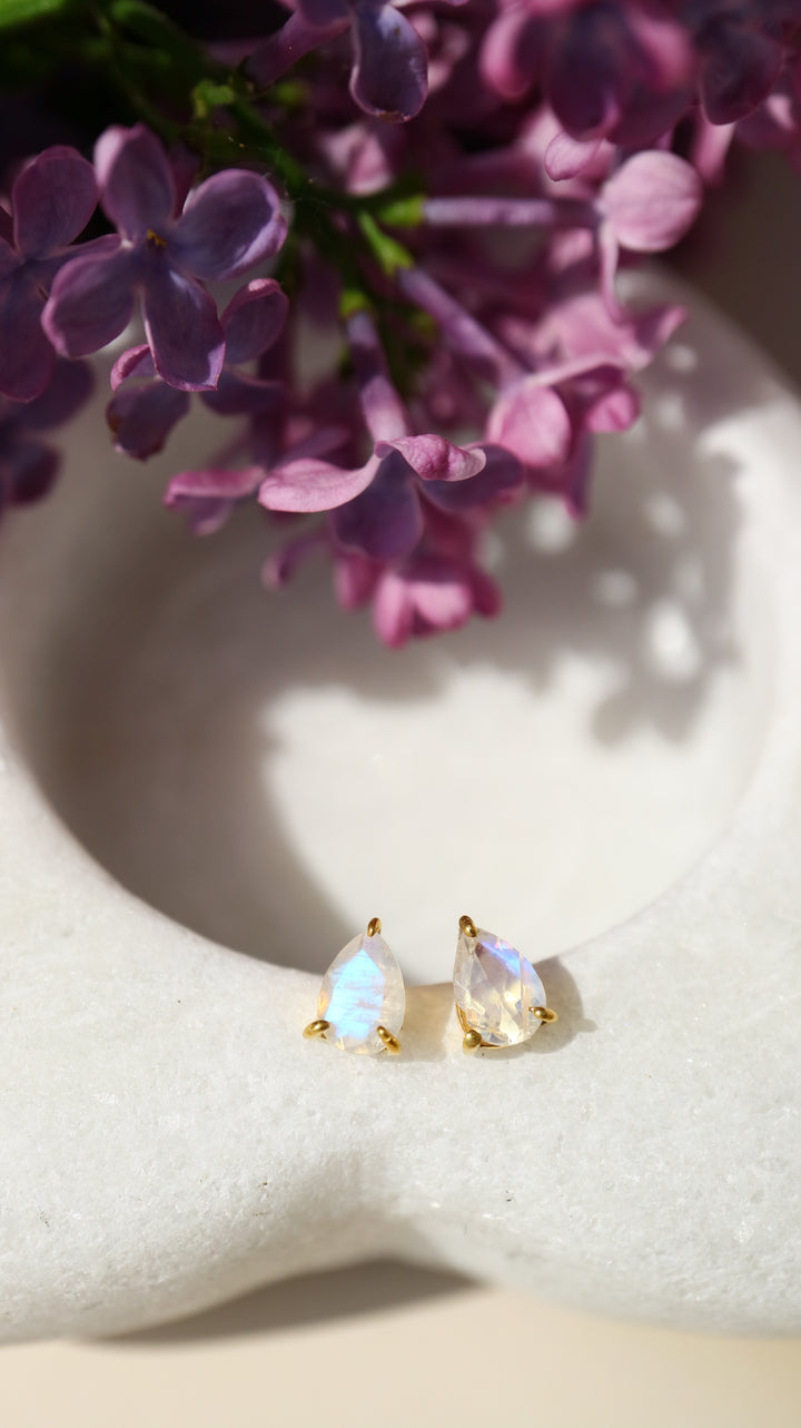 rainbow moonstone pear cut sterling silver stud earrings for bride every day wear
