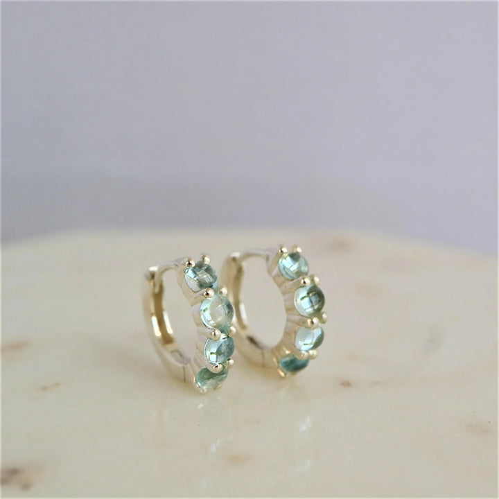 natural aquamarine silver huggie hoop earrings