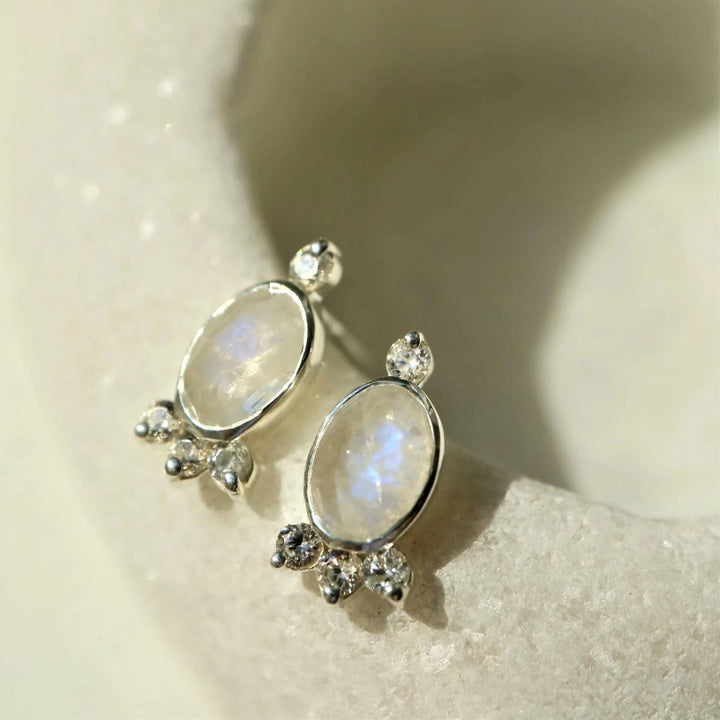 Organic Rose Cut rainbow Moonstone Silver Stud Earrings