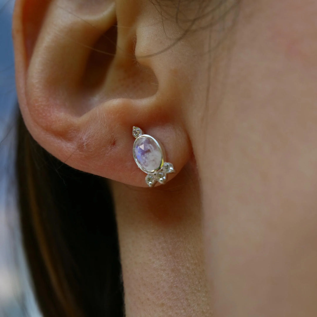 Organic Rose Cut rainbow Moonstone Silver Stud Earrings