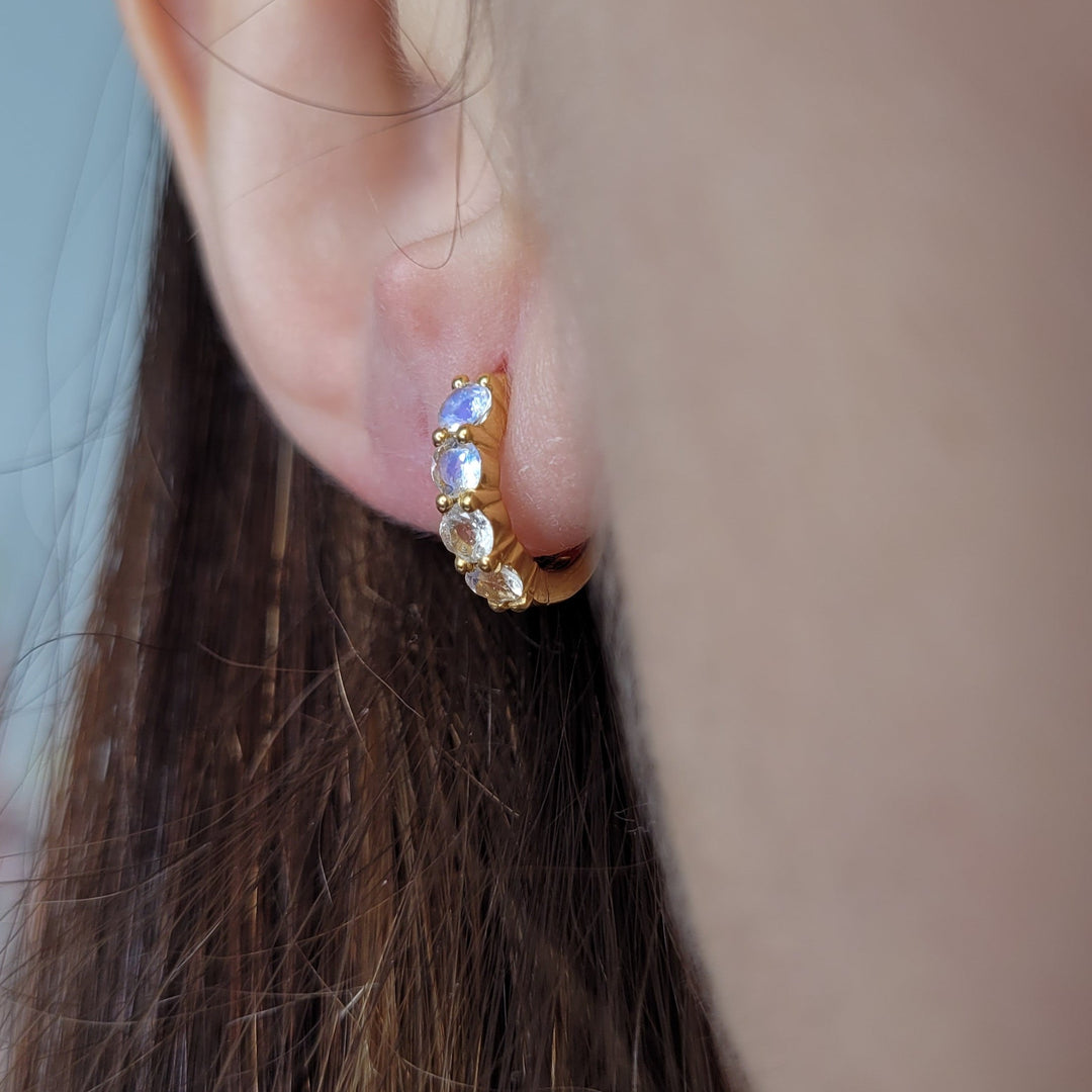 faceted natural rainbow moonstone hoops huggie earrings in sterling silver 