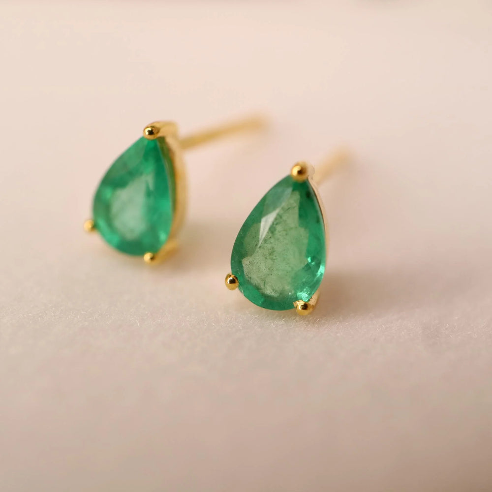 Pear Cut Zambian Emerald Gold Stud Earrings