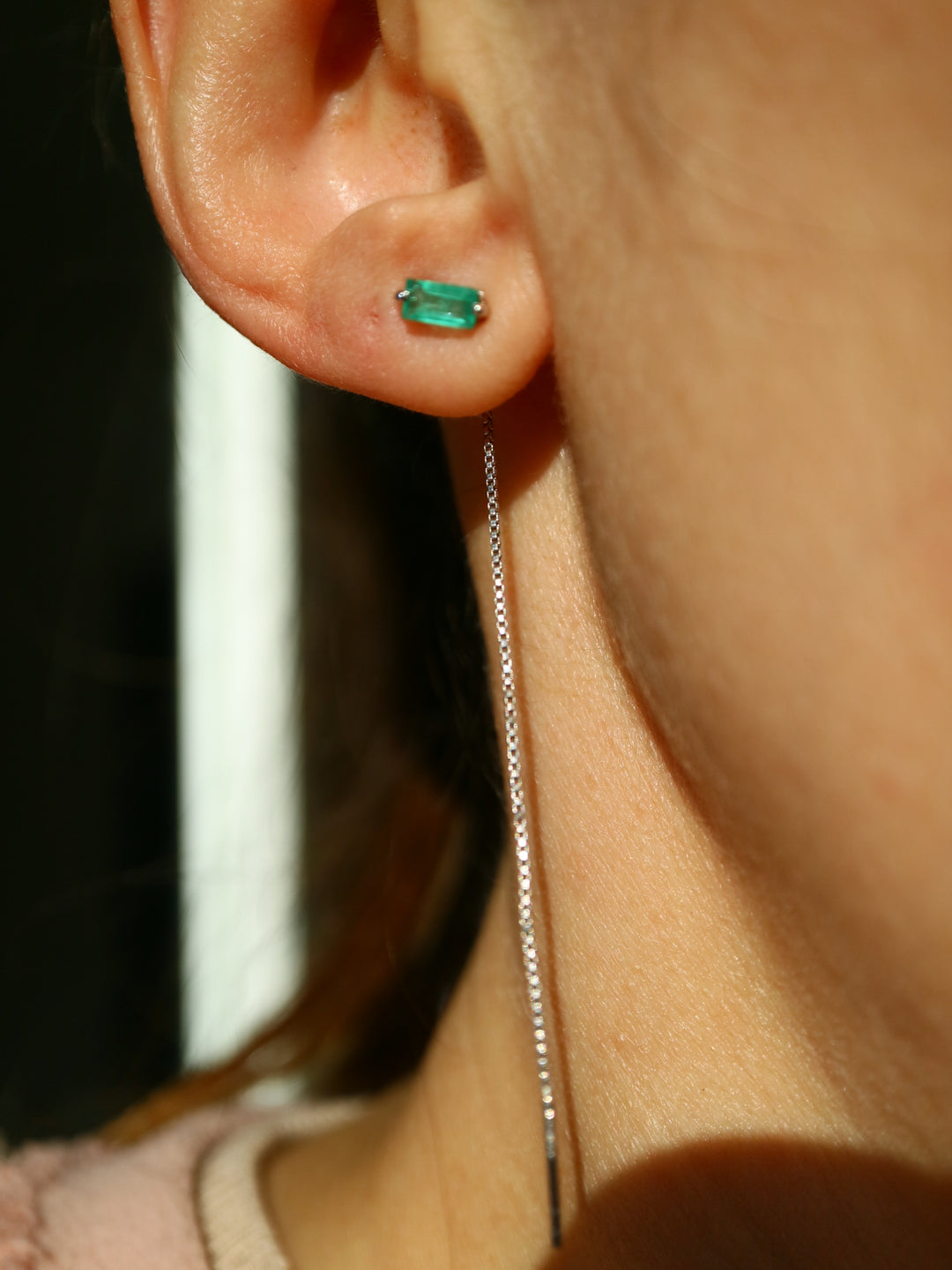Natural Emerald Threader Chain Silver Cartilage Helix second piercing Earring