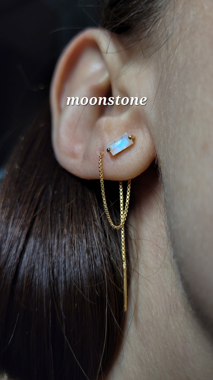 Rainbow Moonstone Threader Chain Gold cartilage helix Earrings