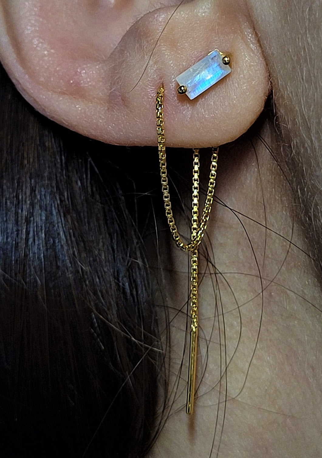 Rainbow Moonstone Threader Chain Gold cartilage helix Earrings