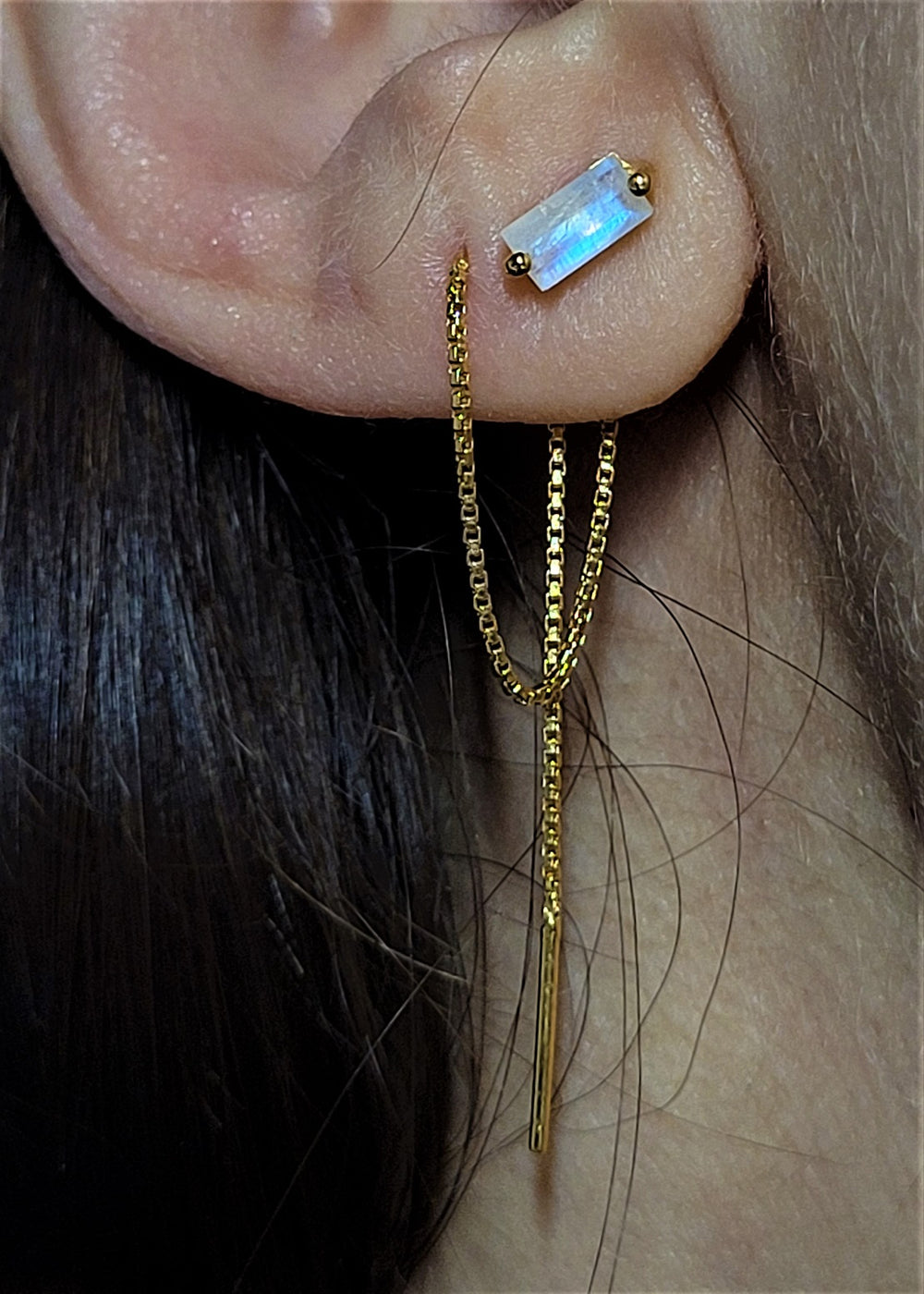 Moonstone Threader Chain Silver Earrings