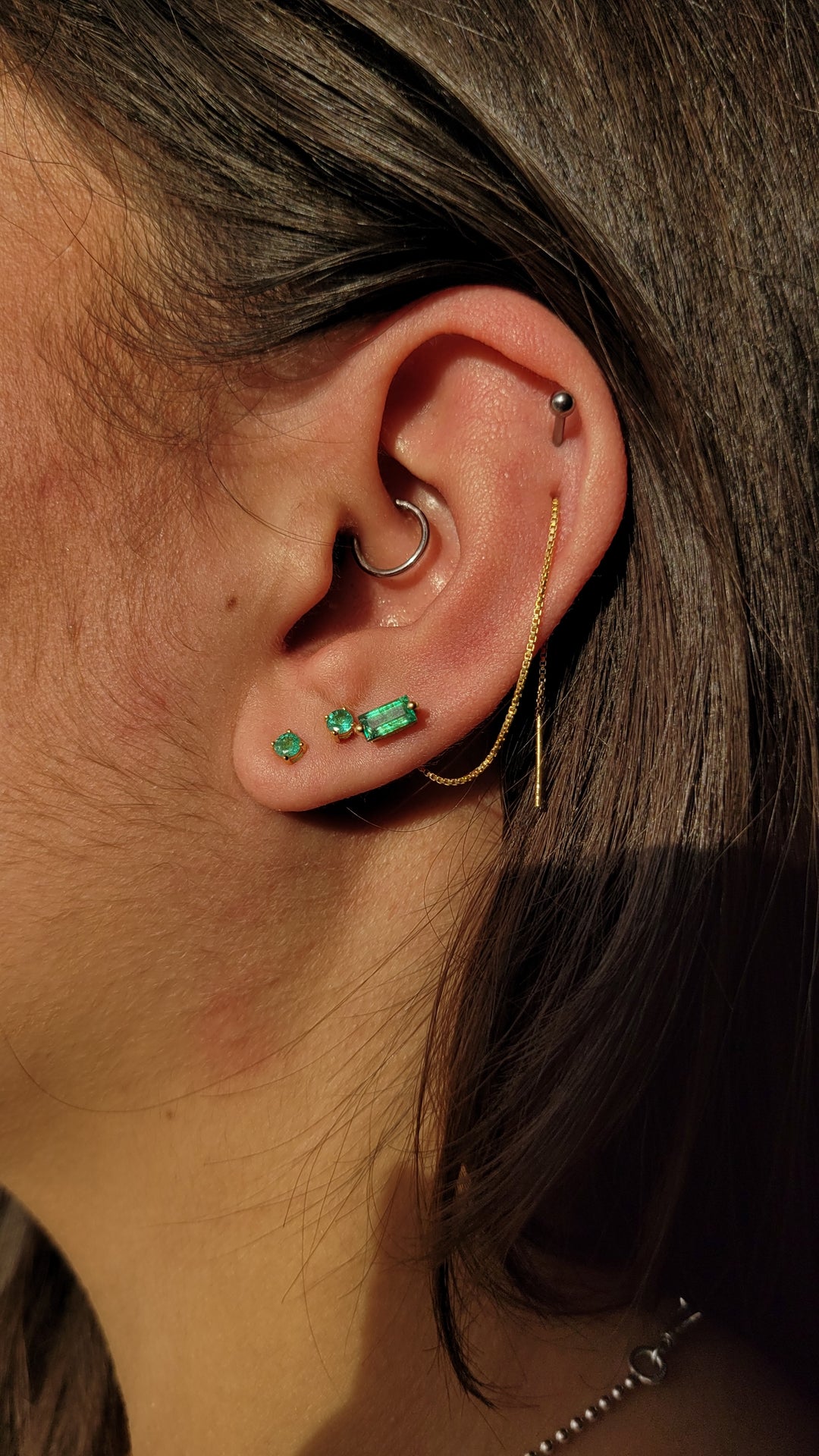 Natural zambian Emerald Threader Chain Gold cartilage helix Earrings