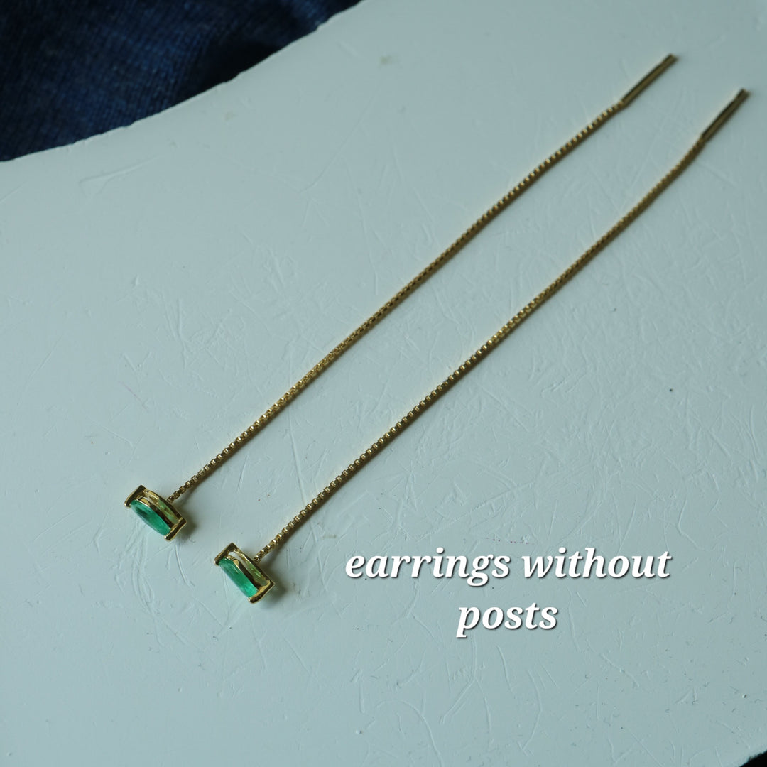 natural zambian green emerald marquise cut sterling silver 14K gold vermeil chain threader earrings