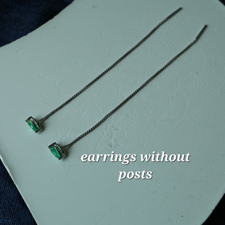 natural zambian green emerald marquise cut sterling silver chain threader earrings