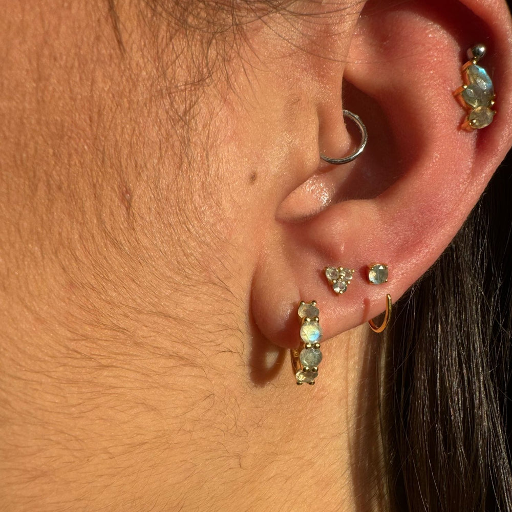 natural labradorite sterling silver open hook dainty minimalist huggie earrings for cartilage, helix, second piercing 