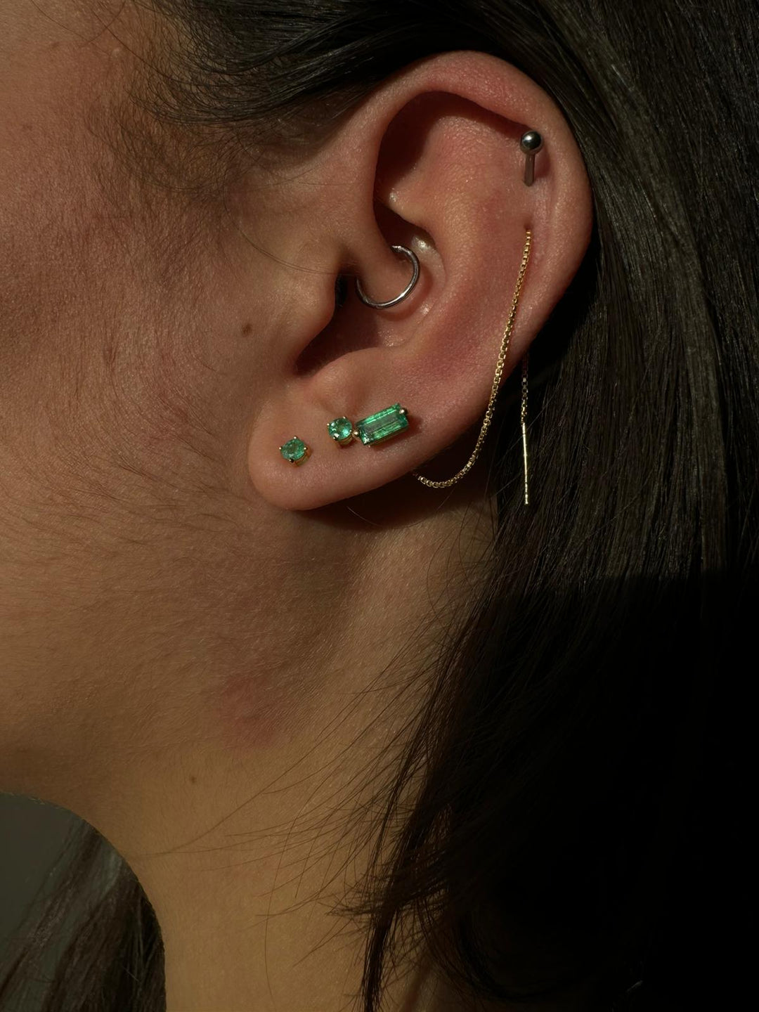 Natural zambian Emerald Threader Chain Gold cartilage helix Earrings