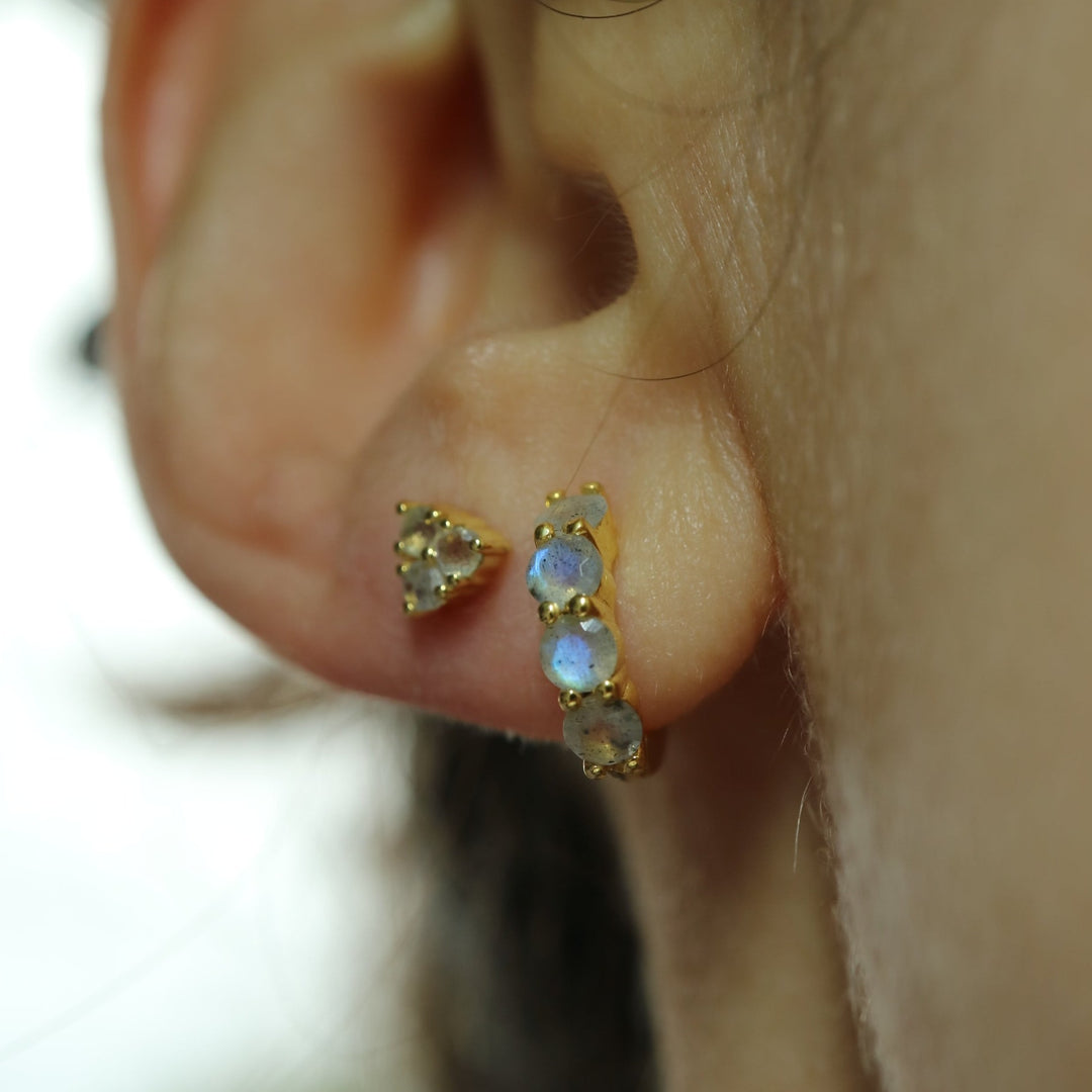 natural labradorite gemstone crystal sterling silver huggie hoop earrings dainty /minimalist for ear stack