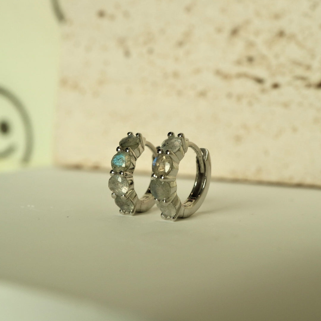 natural labradorite gemstone crystal sterling silver huggie hoop earrings dainty /minimalist for ear stack
