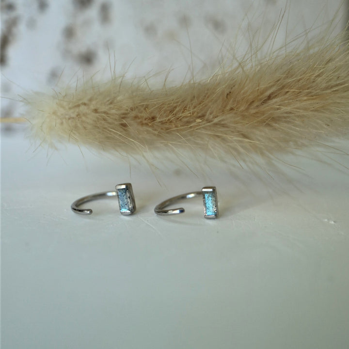 baguette cut sterling silver gmestone labradorite open hook minimalist dainty huggie earrings