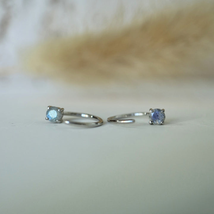 natural labradorite sterling silver open hook dainty minimalist huggie earrings for cartilage, helix, second piercing 