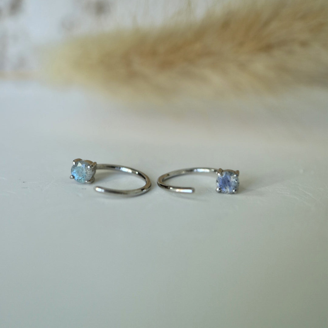 natural labradorite sterling silver open hook dainty minimalist huggie earrings for cartilage, helix, second piercing 