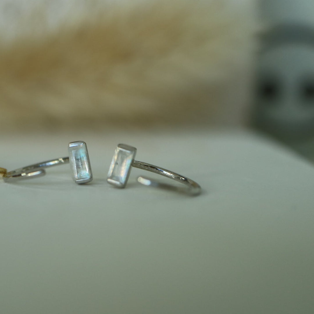 natural rainbow baguette cut moonstone gemstone crystal sterling silver open hook dainty minimalist huggie hoop earrings