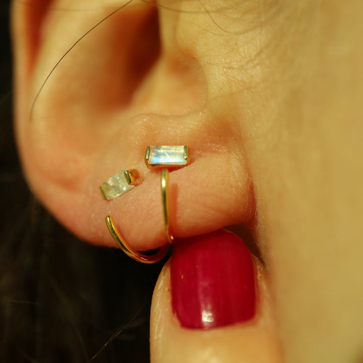 natural rainbow baguette cut moonstone gemstone crystal sterling silver open hook dainty minimalist huggie hoop earrings