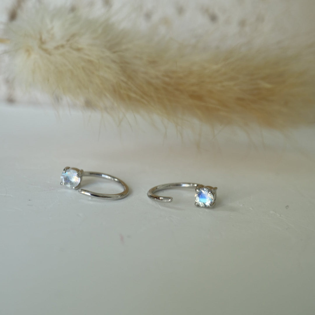 natural moonstone huggie open hook earrings made of sterling silver