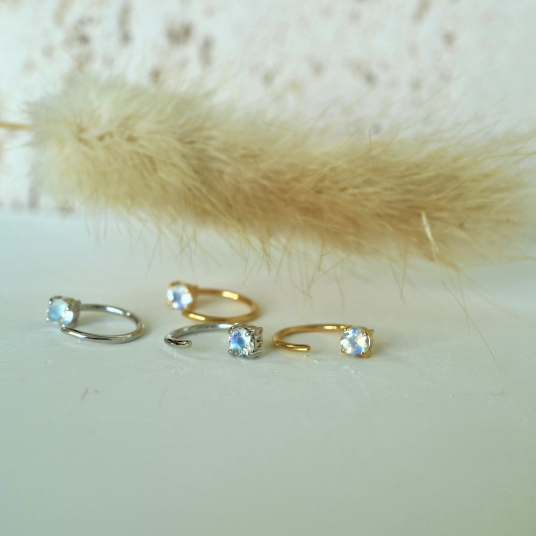 natural rainbow moonstone crystal gemstone open hook huggie hoop earrings in sterling silver 14 k gold vermeil dainty tiny minimalist fashion
