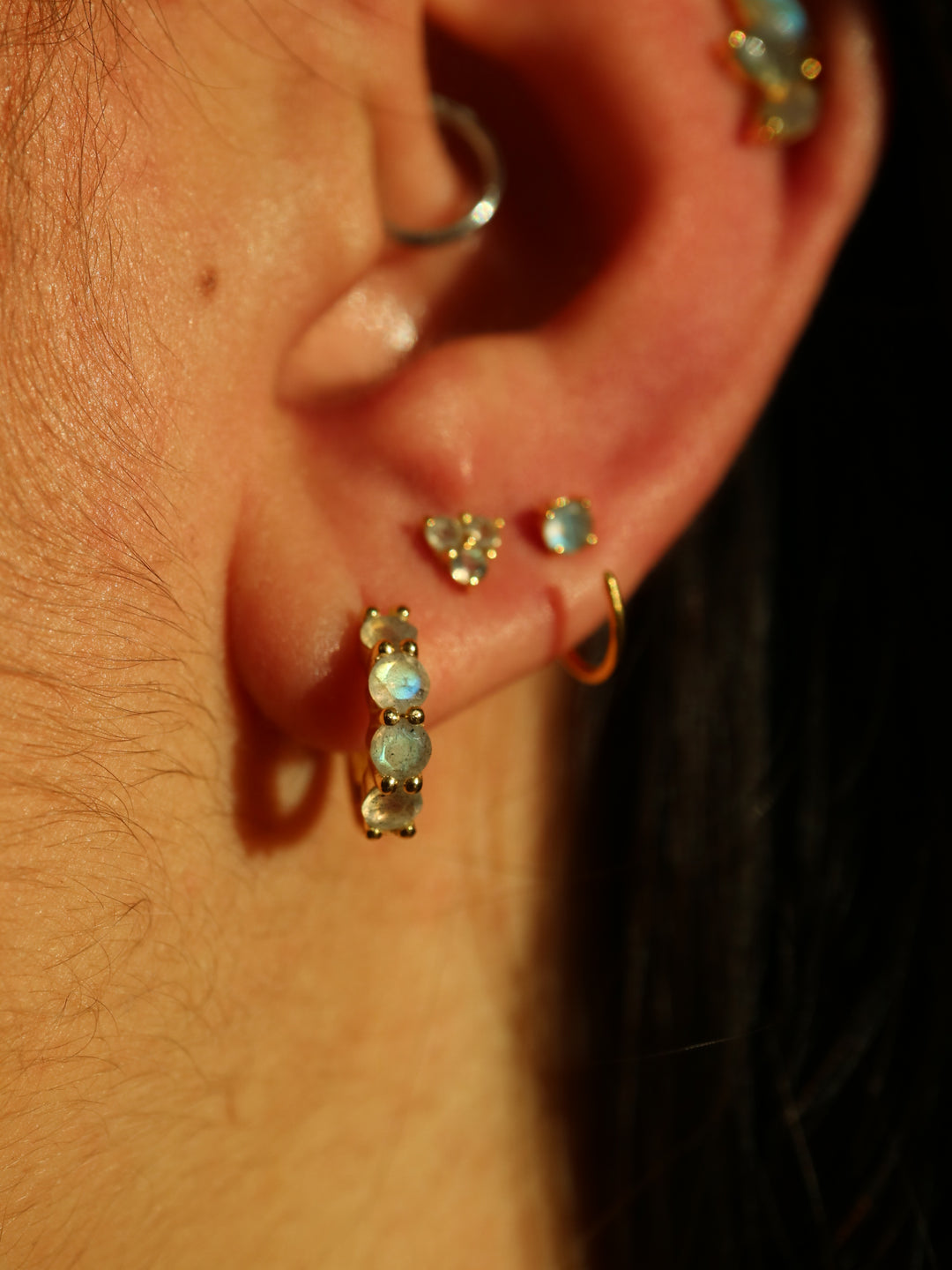 natural labradorite gemstone crystal minimalist huggie hoop earrings sterling silver 14 K gold vermeil 