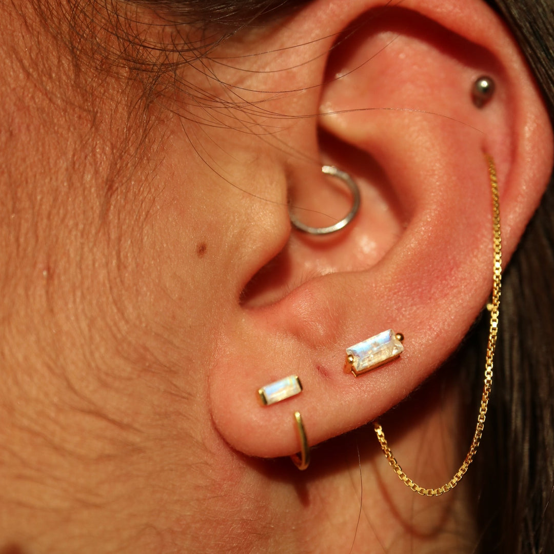 natural rainbow baguette cut moonstone gemstone crystal sterling silver open hook dainty minimalist huggie hoop earrings