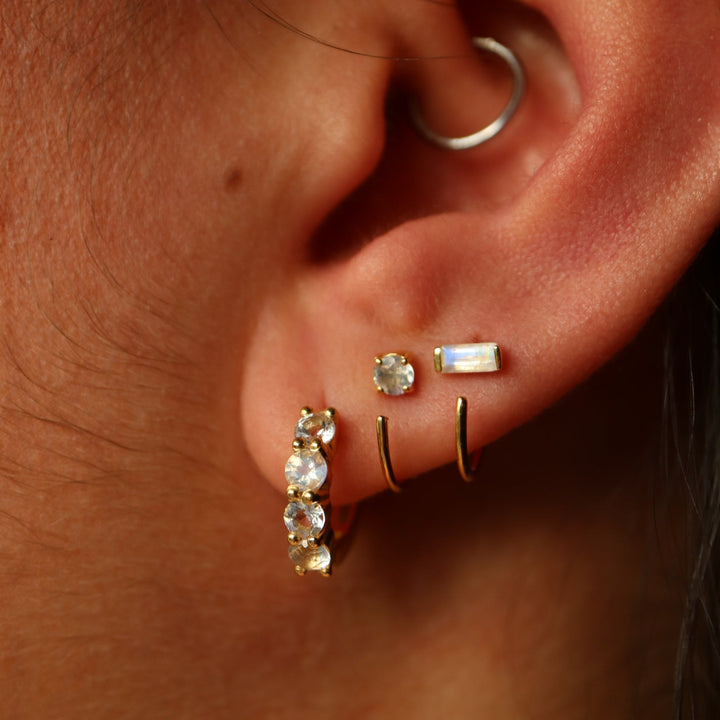 natural rainbow baguette cut moonstone gemstone crystal sterling silver open hook dainty minimalist huggie hoop earrings