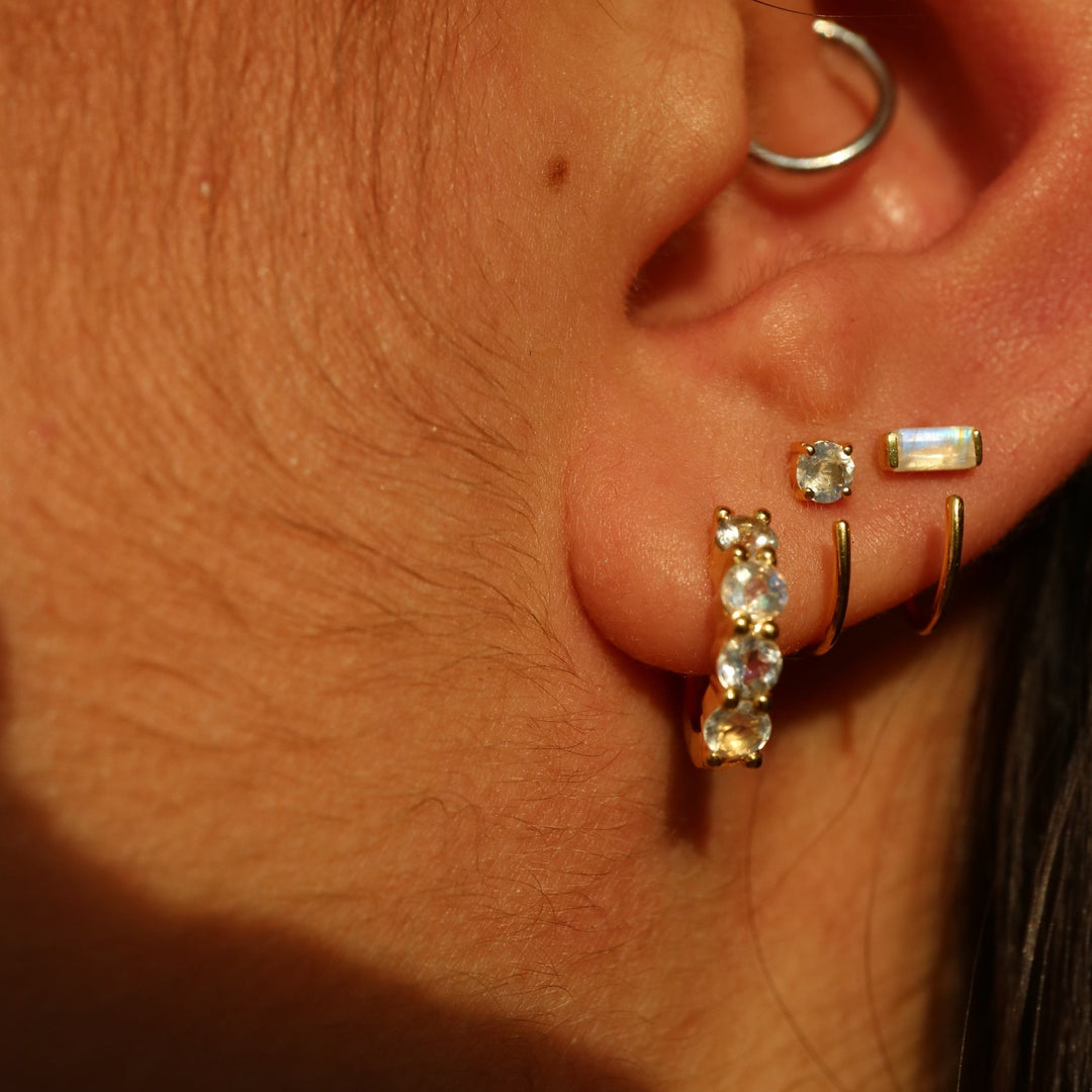 natural moonstone huggie open hook earrings made of sterling silver