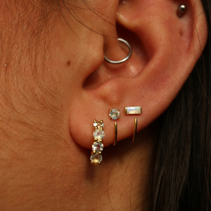 natural rainbow moonstone crystal gemstone open hook huggie hoop earrings in sterling silver 14 k gold vermeil dainty tiny minimalist fashion