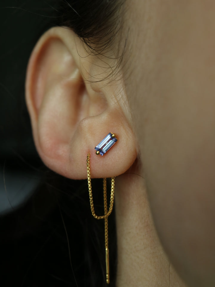 natural blue tanzanite baguette cut sterling silver chain threader earrings for ears, cartilage or helix piercing