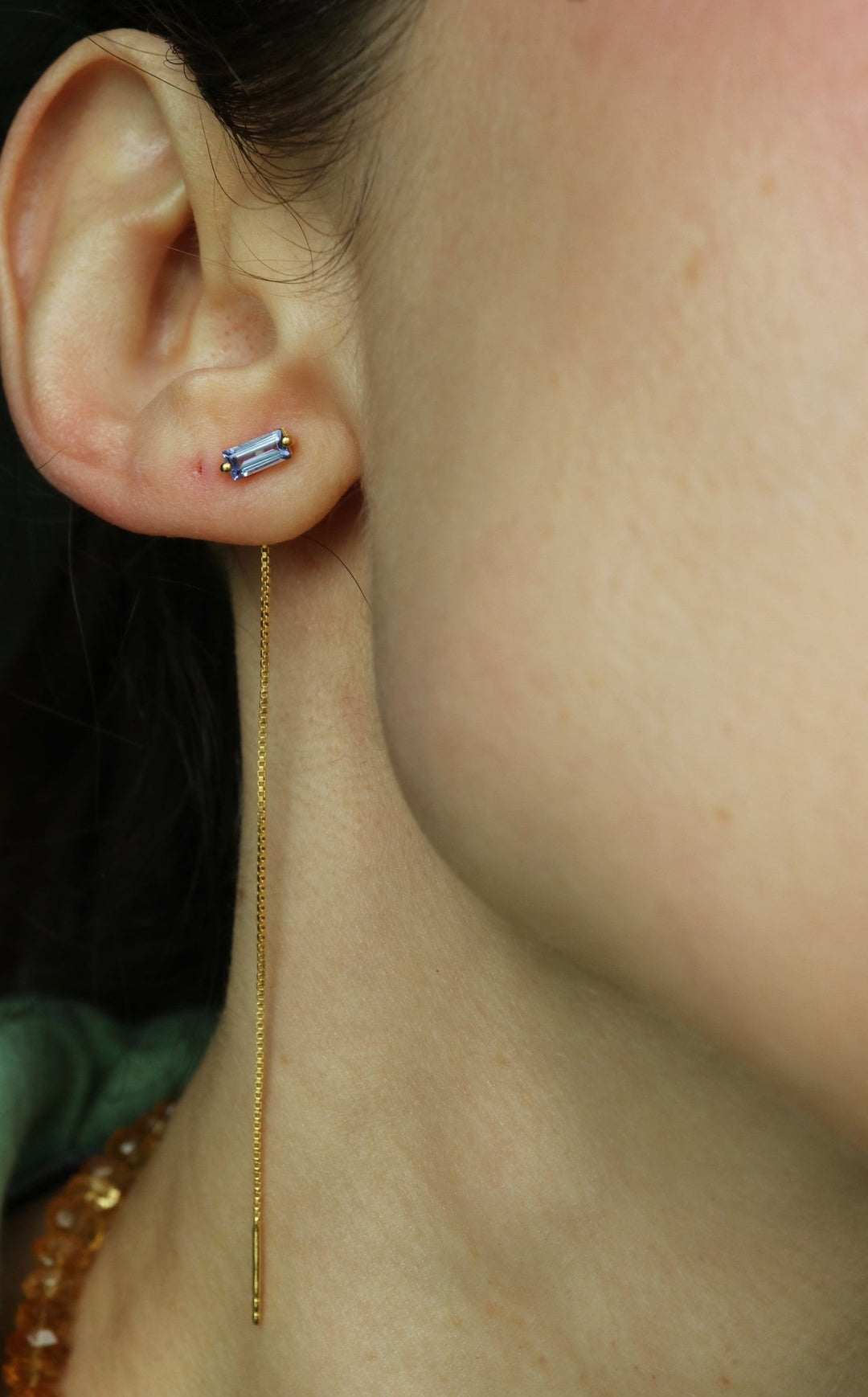 natural blue tanzanite baguette cut sterling silver 14 K gold vermeil chain threader minimalist cartilage earrings 
