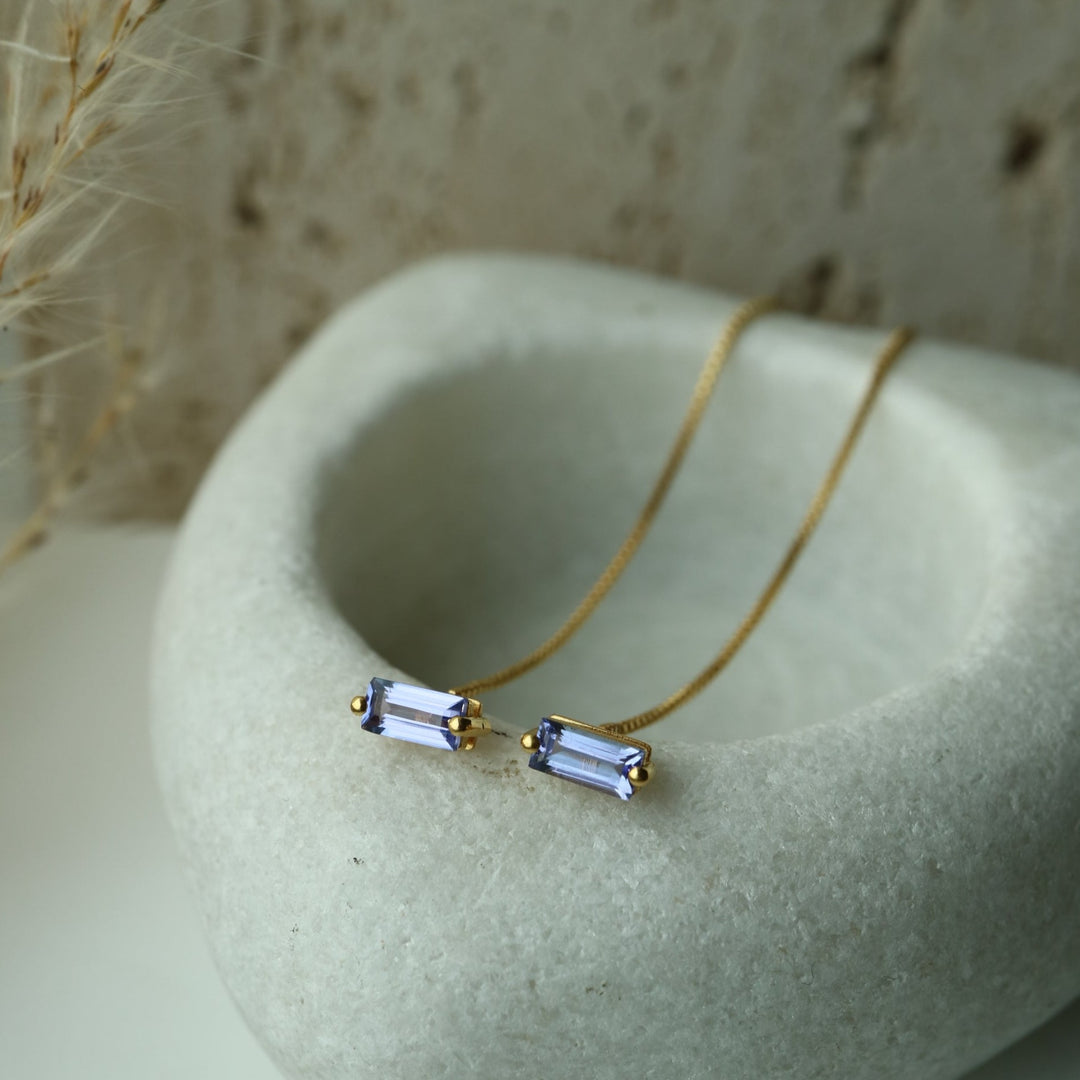 natural blue tanzanite baguette cut sterling silver 14 K gold vermeil chain threader minimalist cartilage earrings 
